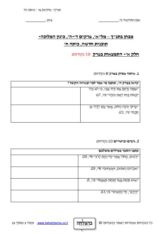מבחן בתנ"ך לכיתה ח - ספר מלכים א, פרקים ד, ה, כינון המלוכה - תכנית חדשה
